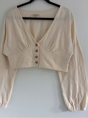 Madewell Cream Cropped Button-Front V-Neck Top